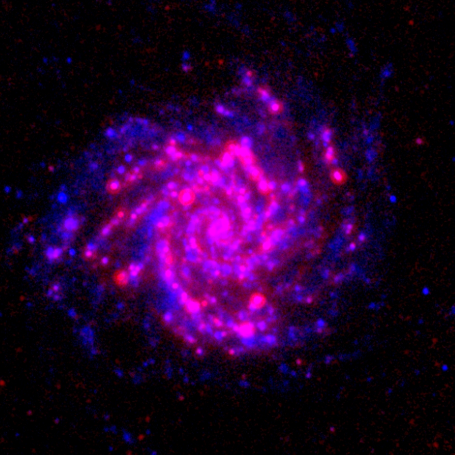 M74 (NGC 628) as seen in ultraviolet and infrared emission