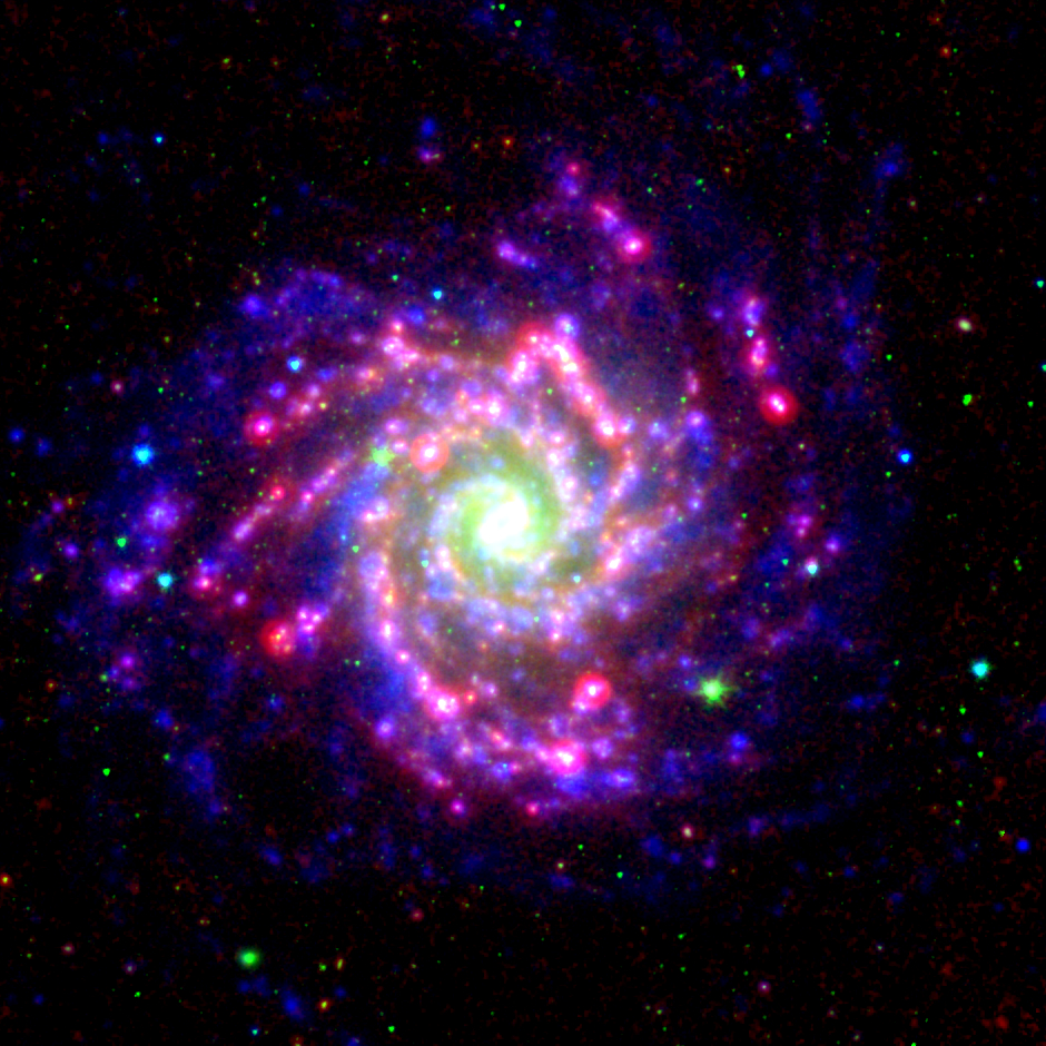 M74 (NGC 628) as seen in ultraviolet and infrared emission