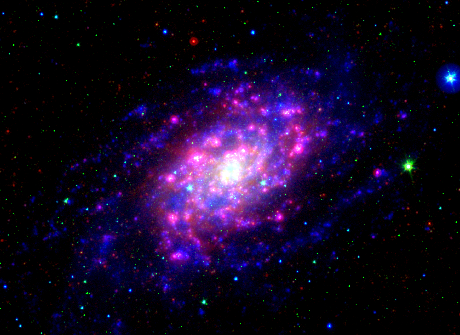 NGC 2403 as seen in ultraviolet and infrared emission