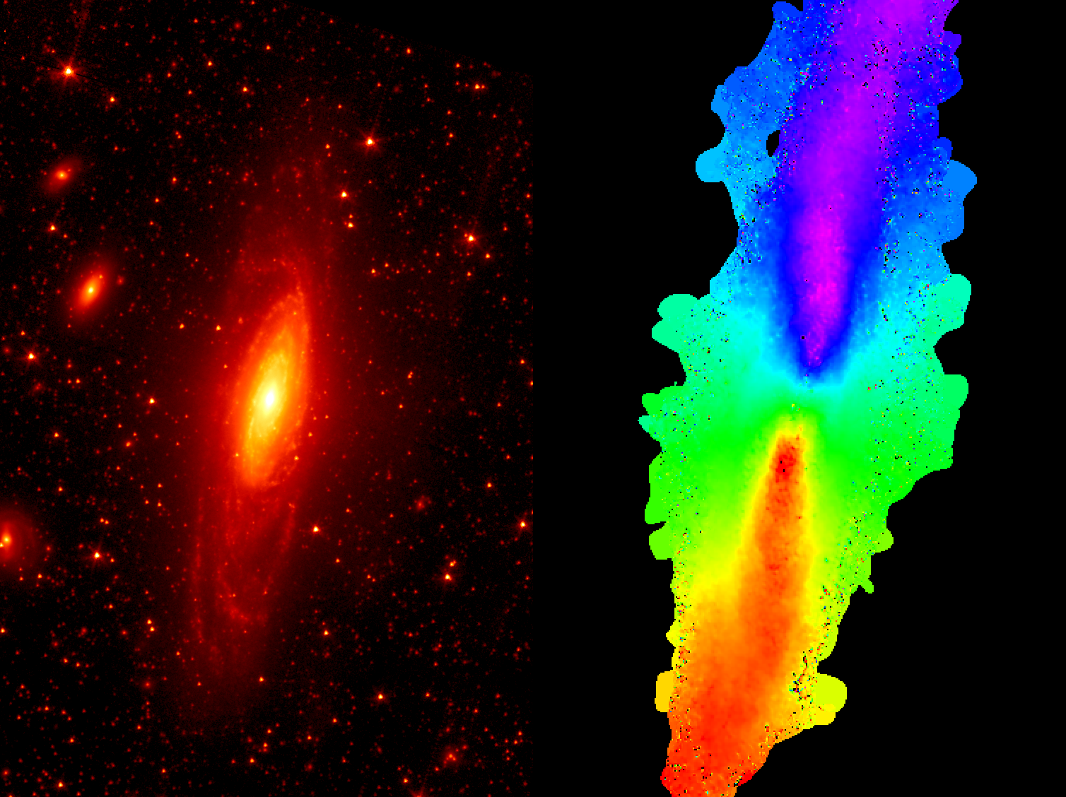 NGC 7331 as seen in near infrared emission from starlight alongside an image of the Doppler shifting of the 21 cm radio line emission from hydrogen gas